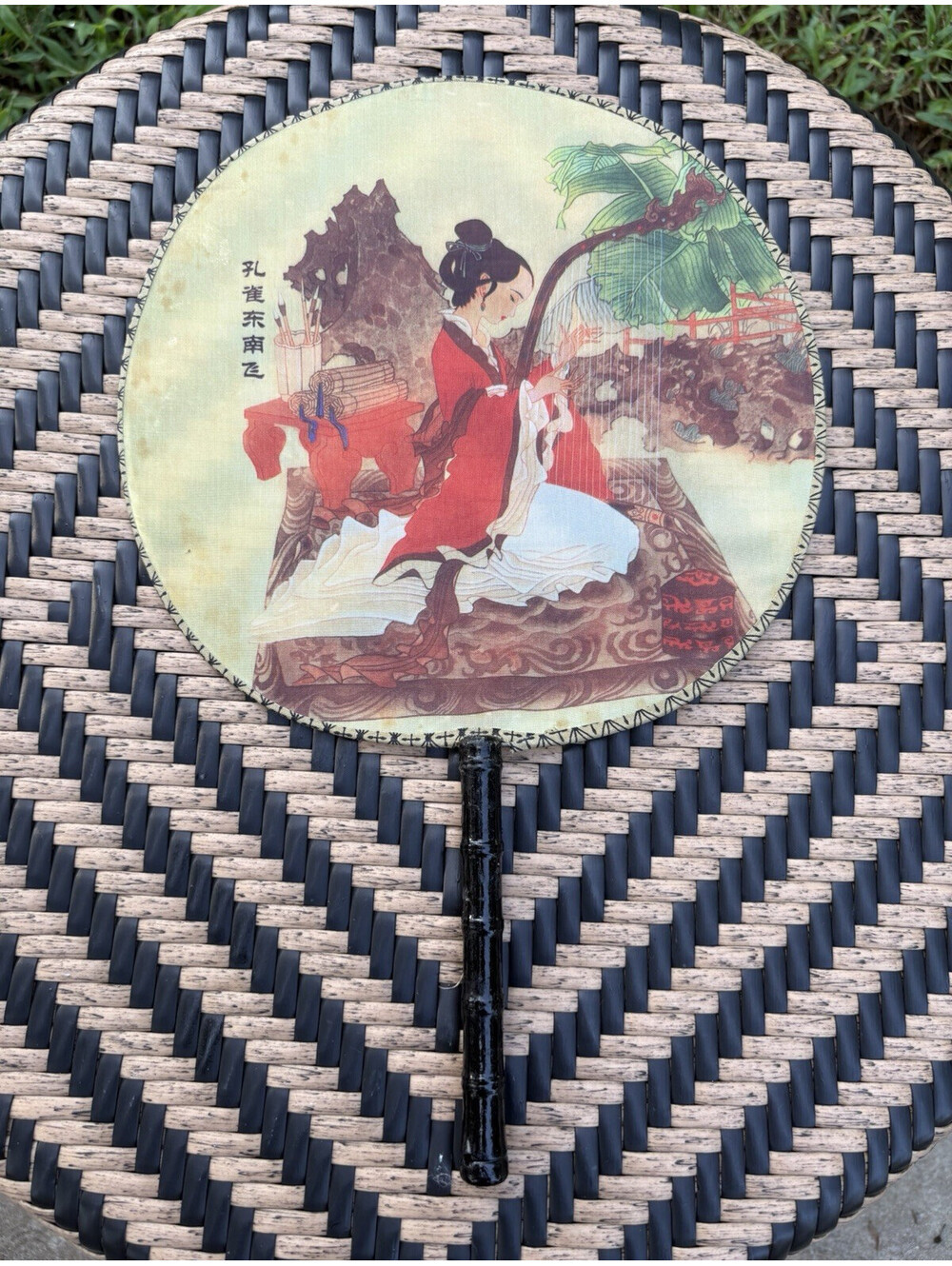 Antique Asian Hand Painted Silk Bamboo Paddle Fan
